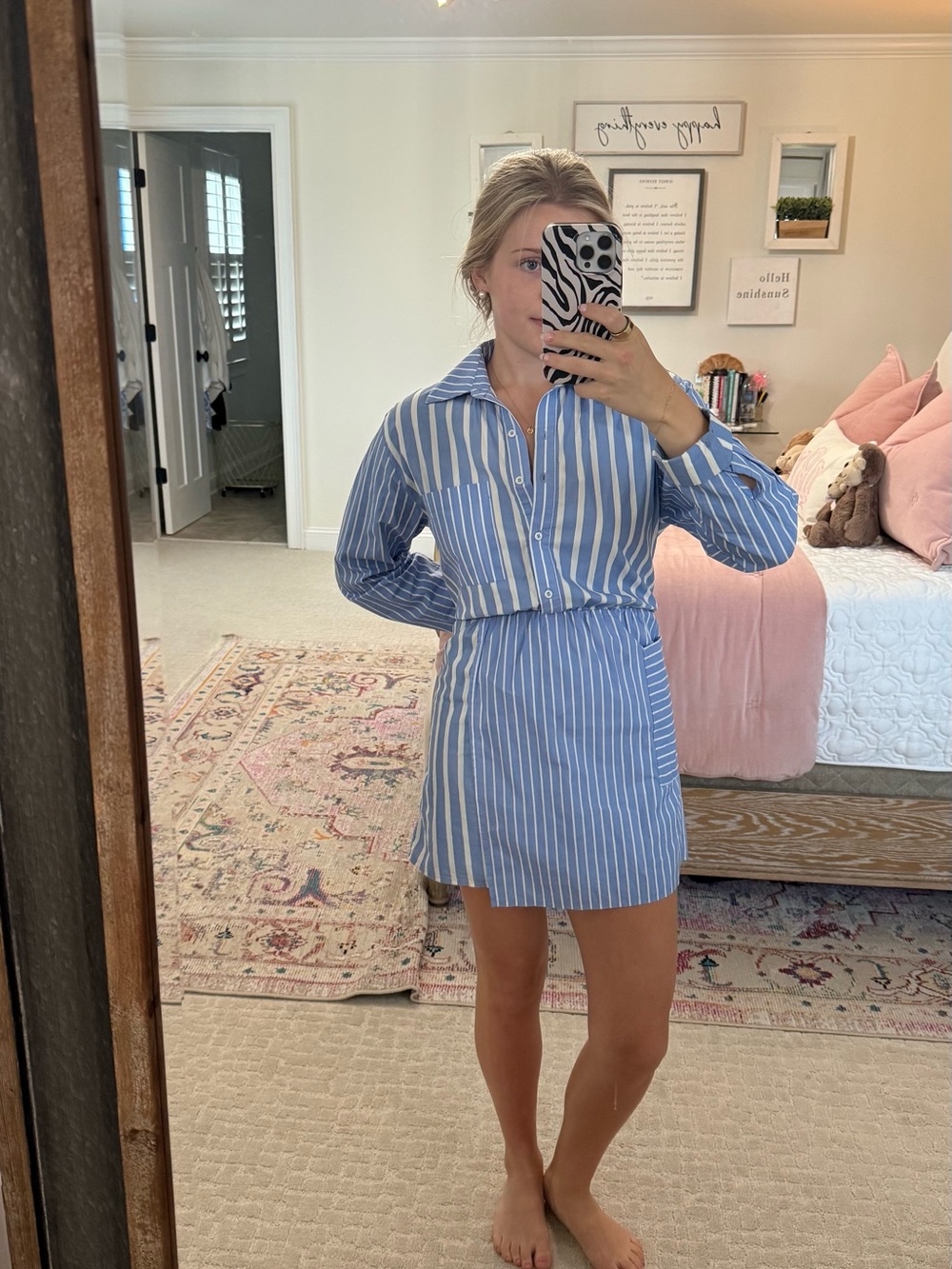 Blue & White Striped Collared Mini Dress